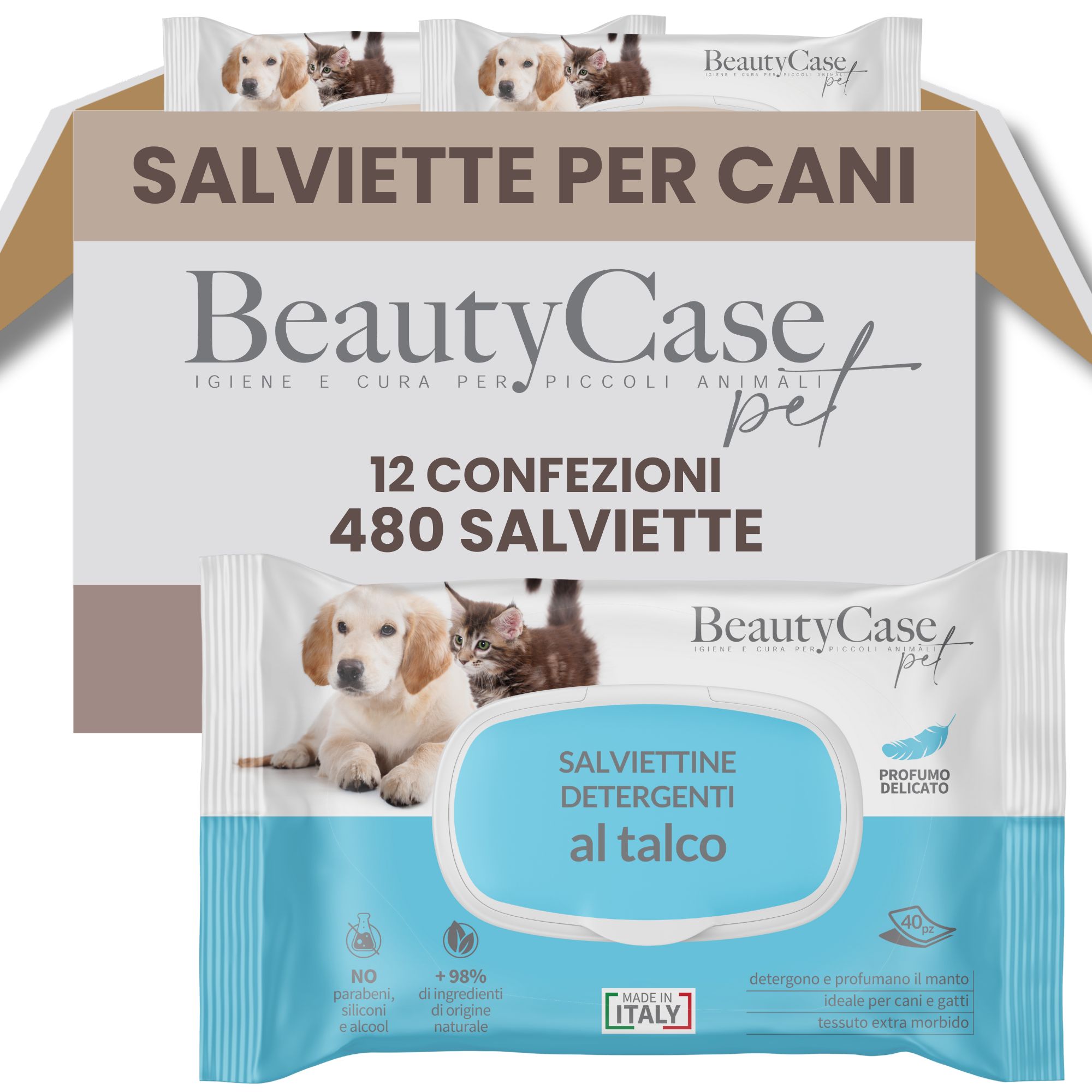 Packung mit 12 Packungen Salviette Detergenti Animali al Talco Soft. Marke BeautyCase pet. 480 Tücher. Italienische Herstellung.