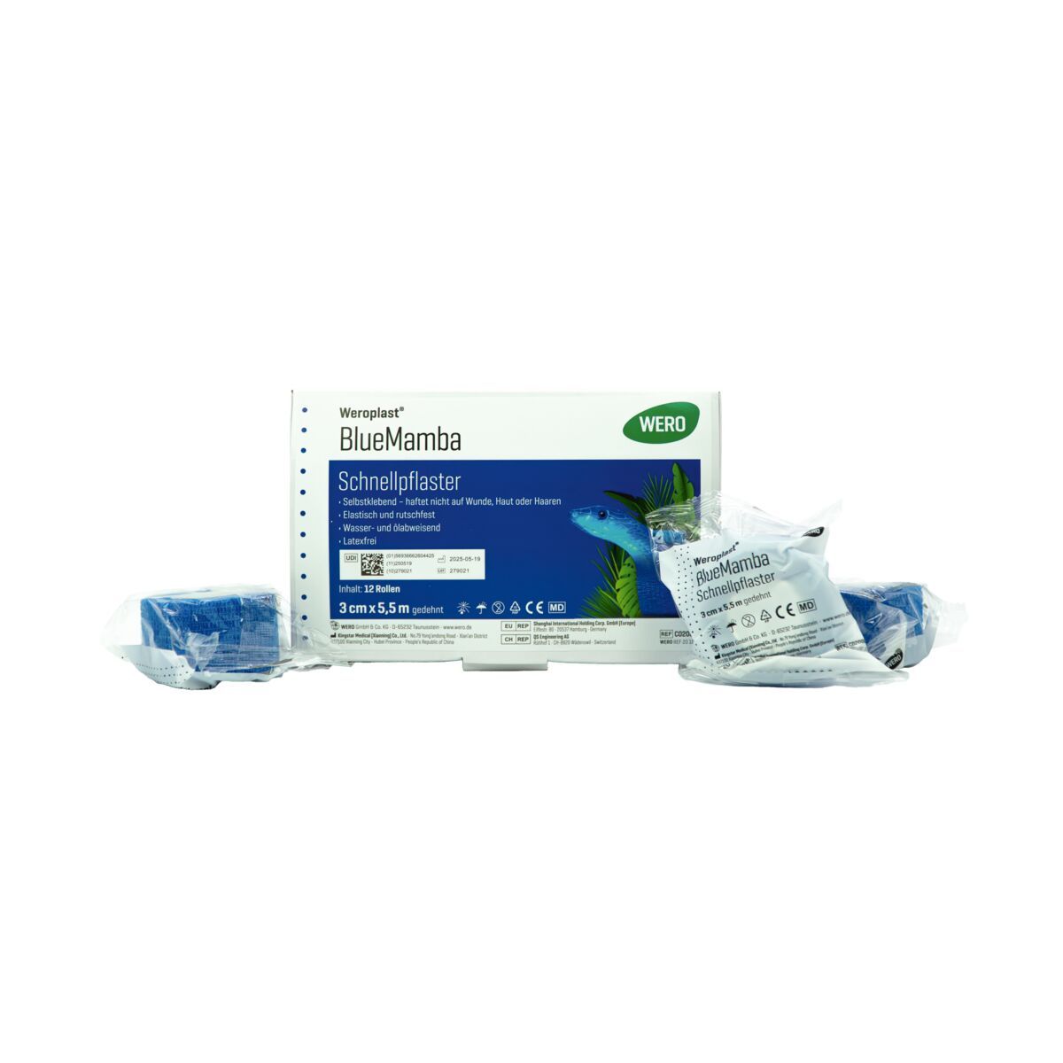 Verpackung mit Schnellpflaster BlueMamba, 3 Rollen, 3cm x 5,5m. Blaue Pflasterrollen und Verpackung mit Produktnamen und Logo.