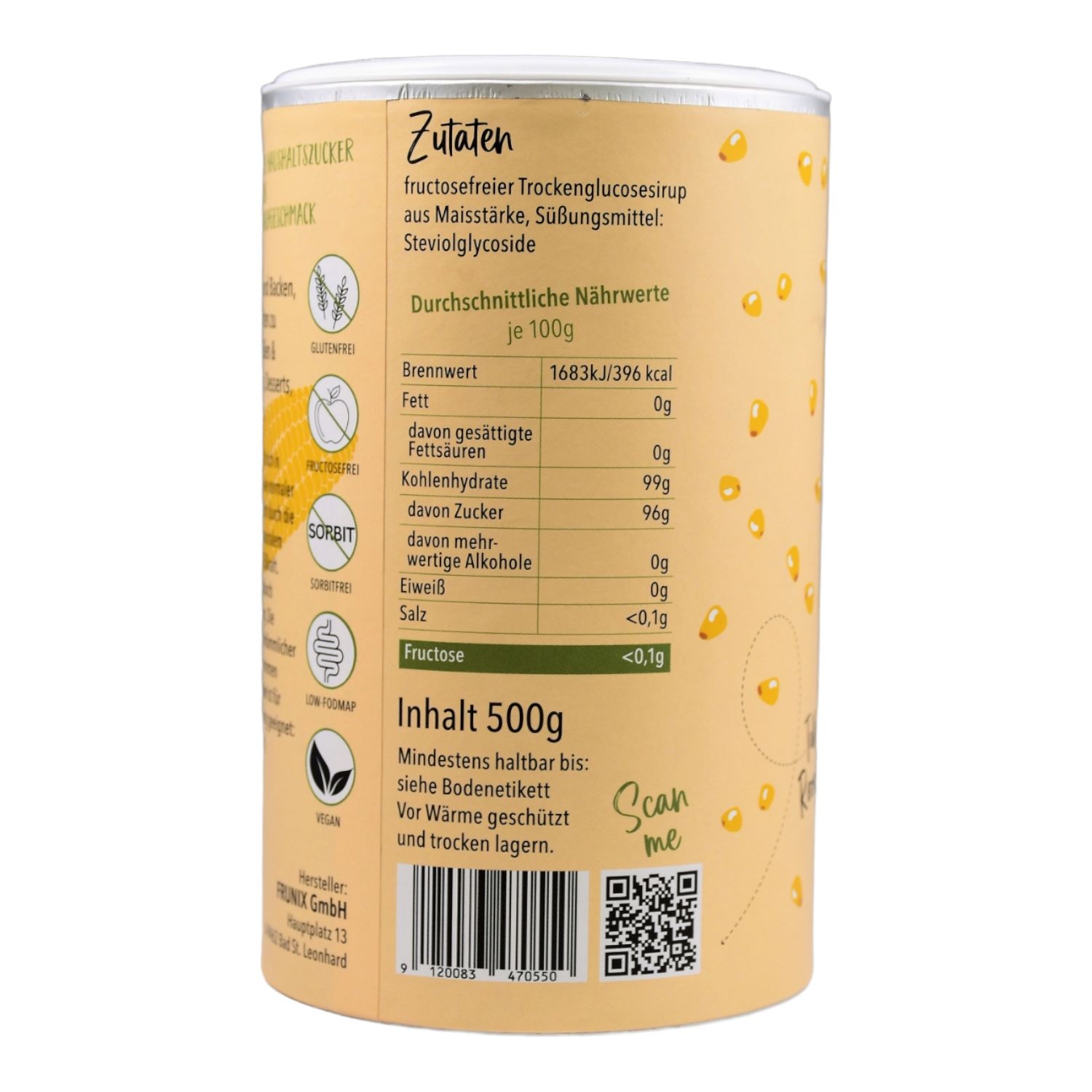 Zylinderförmige Dose mit Zutatenliste und Nährwertangaben. Enthält Maisstärke, Steviolglycoside. Glutenfrei, fructosefrei, sorbitfrei.