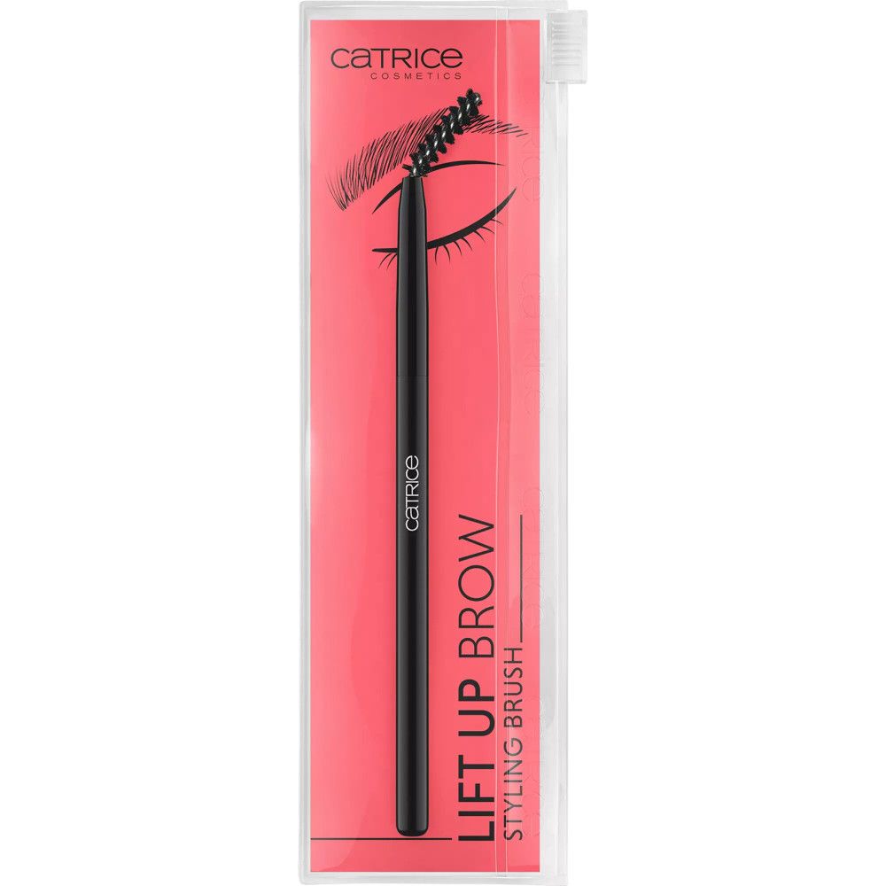 Augenbrauen-Styling-Pinsel in Verpackung. Schwarzer Griff, Bürste, transparente Hülle. Marke Catrice, Schriftzug "LIFT UP BROW".