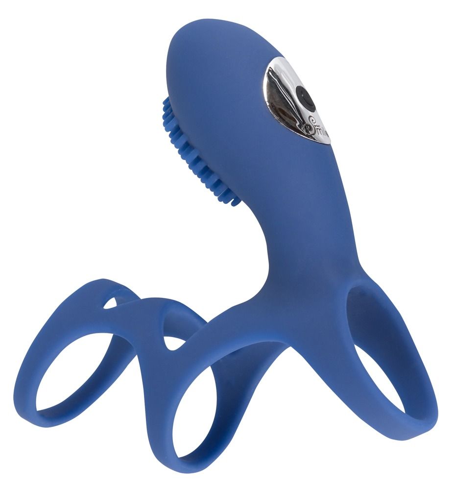 Blauer Ring mit Noppen und Griff. Silikon. Drei Öffnungen. Oberteil mit Noppen. Silberfarbener Knopf.