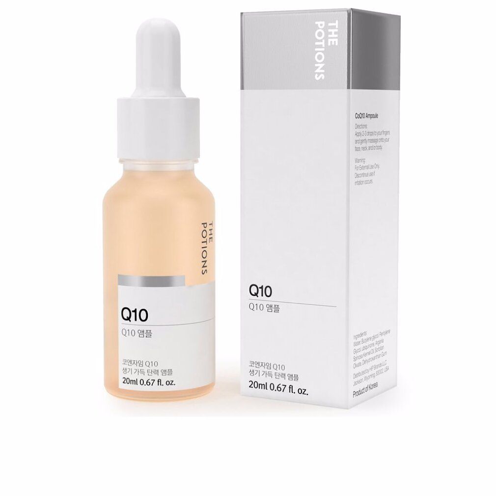 Glasflasche und Verpackung. Flasche mit weißem Deckel und Pipette. Aufschrift Q10 und THE POTIONS. 20ml.