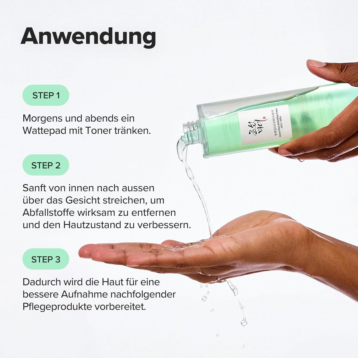 Hände gießen Toner aus Flasche. Text: Anwendung. Schritte 1-3. Morgens und abends Wattepad tränken.