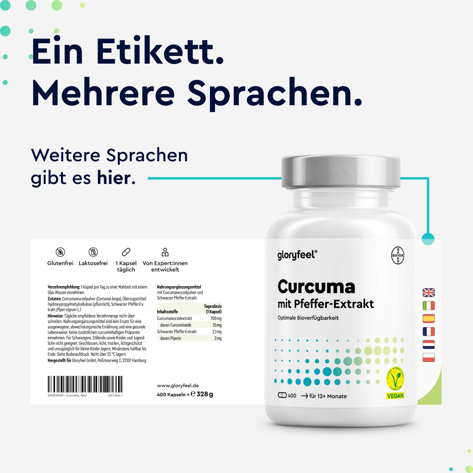 gloryfeel® Curcuma 400 mit Curcumin & Piperin