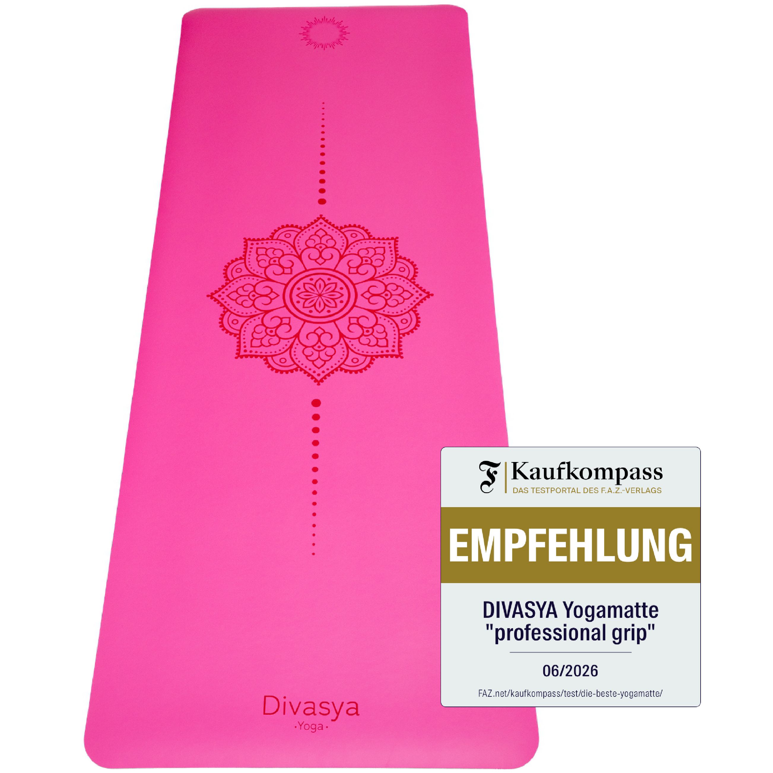 Pinke Yogamatte mit Mandalamuster und Qualitätssiegel.