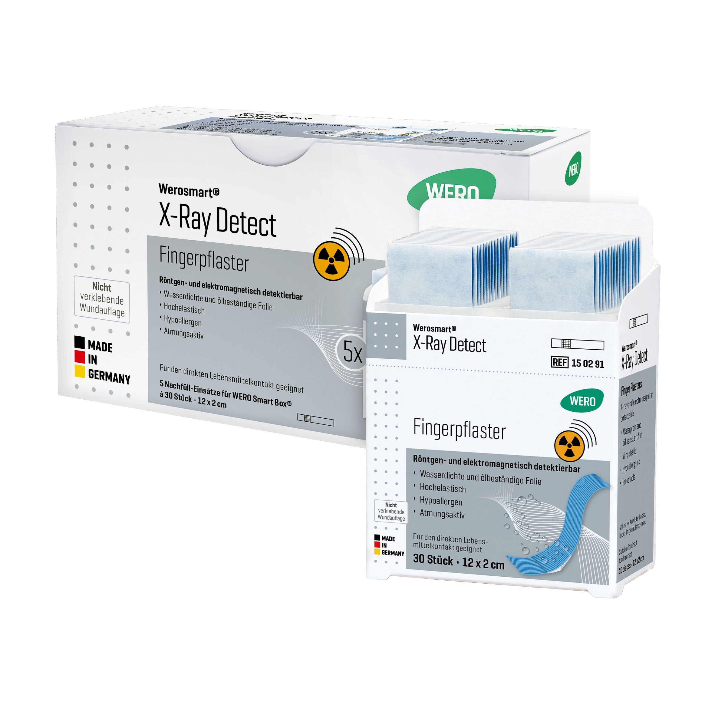 Werosmart X-Ray Detect Fingerpflaster. 2 Packungen, eine geöffnet. 30 Stück, 12x2 cm. Röntgen- und elektromagnetisch detektierbar. Made in Germany.