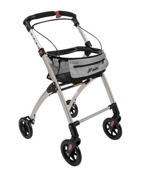 Grauer Indoor-Rollator mit Korb. Vier Räder, schwarze Griffe und Rahmen. Logo "Mobilex".