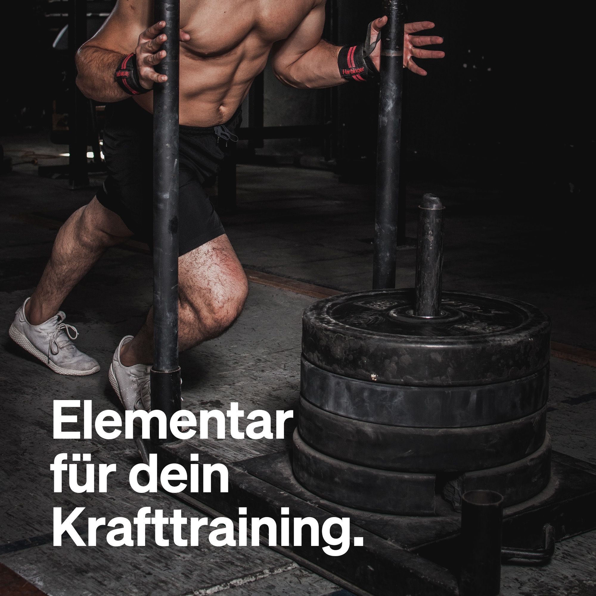 Mann beim Gewichtheben. Text: Elementar für dein Krafttraining.