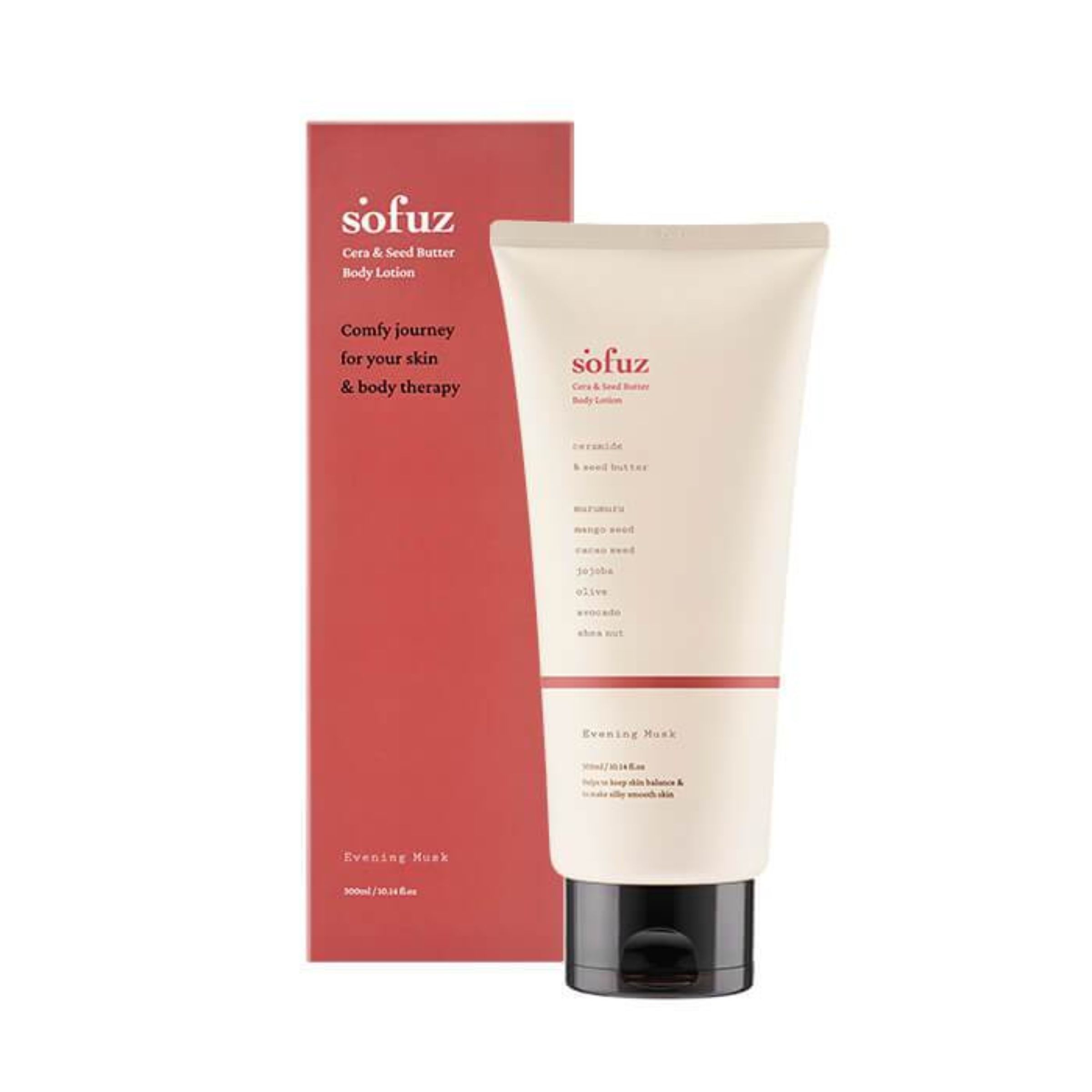 Creme-Tube und Schachtel. Aufschrift: Sofuz Cera & Seed Butter Body Lotion. Abend-Moschus. Rote Schachtel, cremefarbene Tube mit schwarzem Deckel.