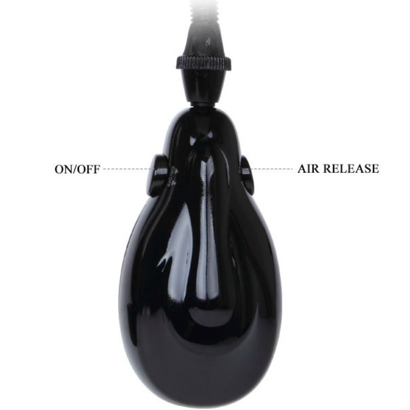 Schwarze Pumpe mit Beschriftung: ON/OFF und AIR RELEASE. Detailansicht.
