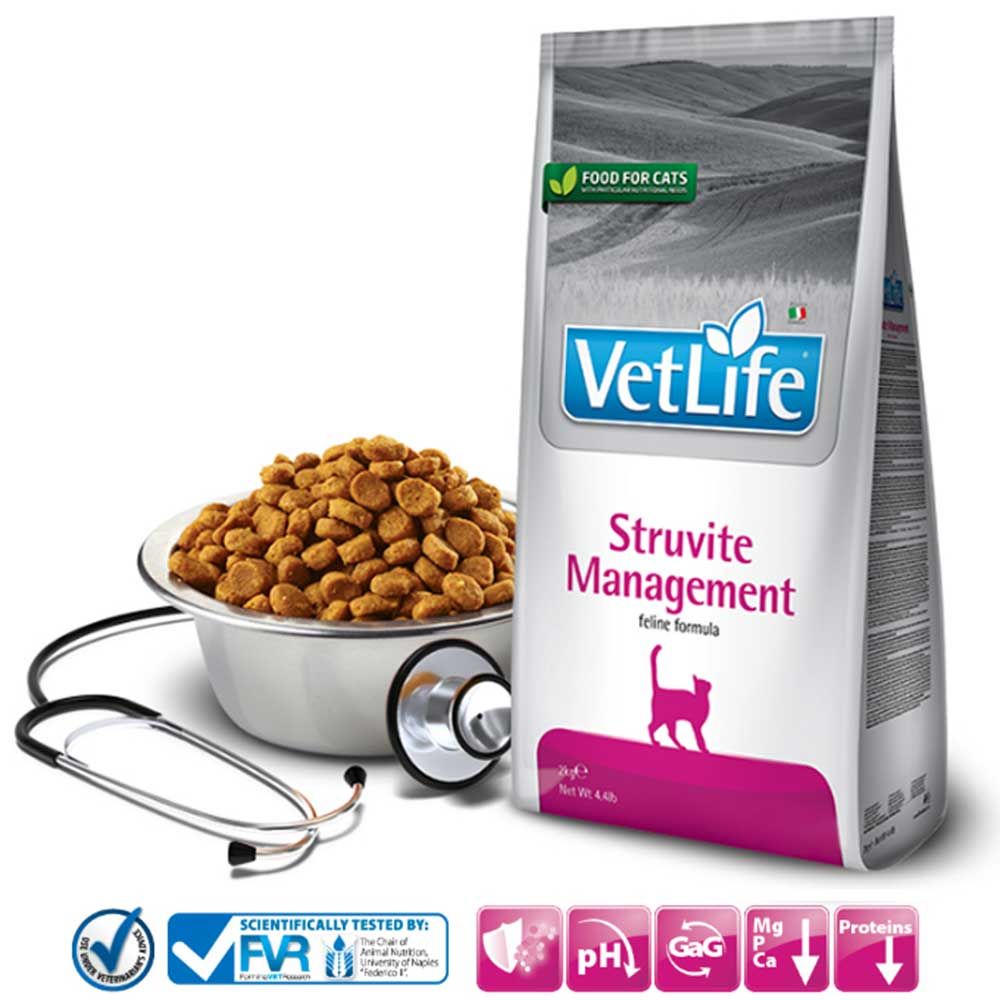 Trockenfutter-Beutel VetLife Struvite Management. Schüssel mit Futter, Stethoskop. Logos: FVR, pH, GaG, Mg, Ca, Proteine.