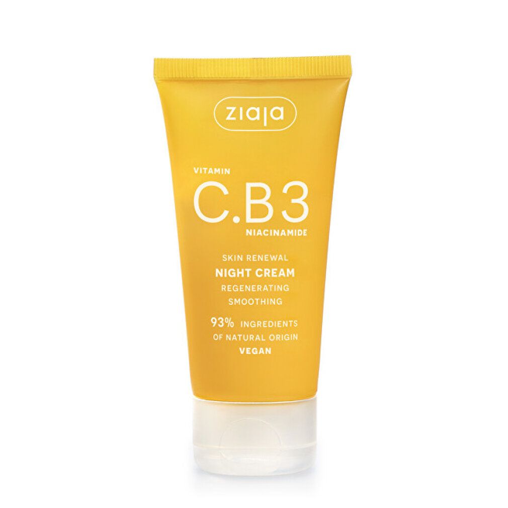 Ziaja Vitamin C.B3 Niacinamid Nachtcreme Tube mit Klappdeckel. Gelbe Verpackung mit weißer Schrift.