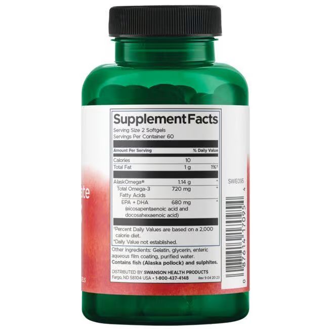Rückseite der grünen Flasche. Etikett mit Nährwertangaben. Enthält Alaska-Pollock und Sulfite. Hergestellt von SWANSON HEALTH PRODUCTS.