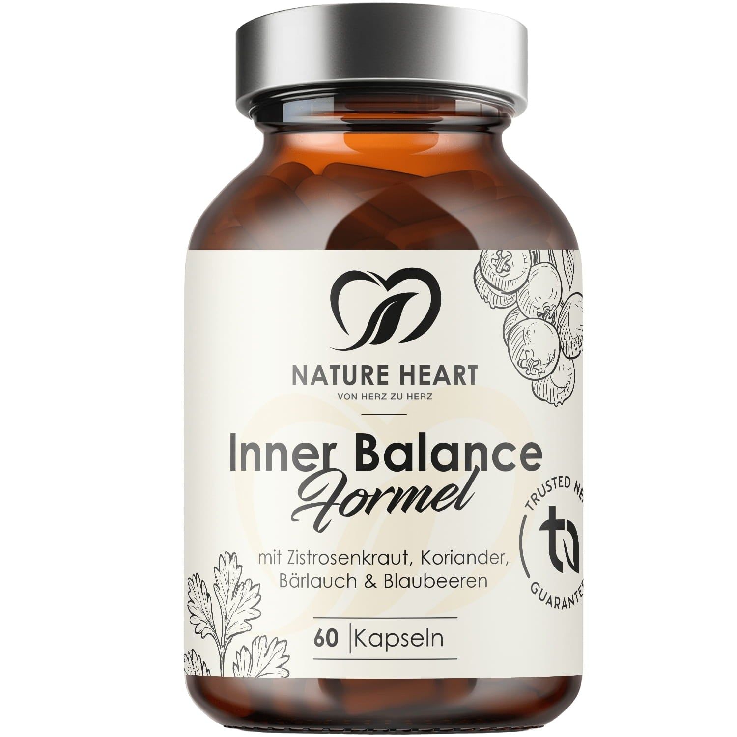 Braune Glasflasche mit Kapseln. Aufschrift: Inner Balance Formel, 60 Kapseln. Logo: Nature Heart.