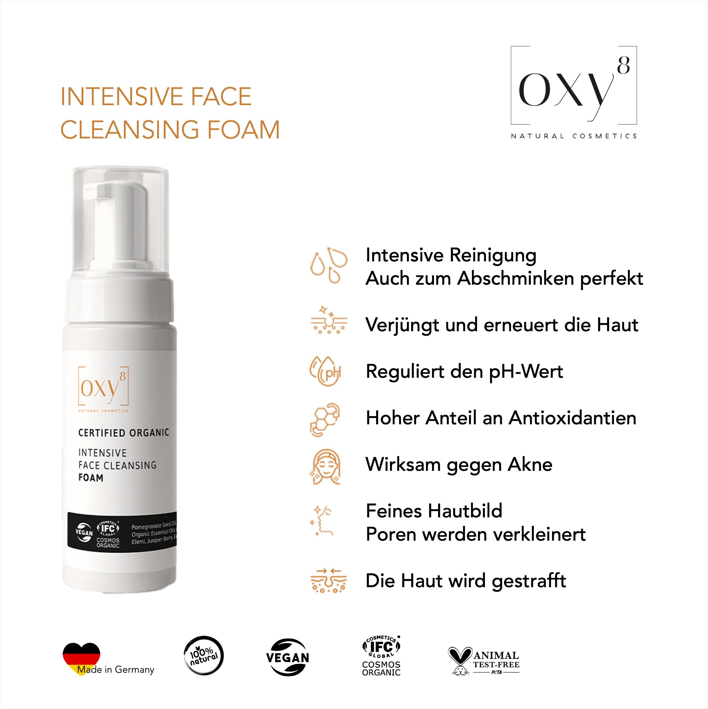Produkt mit Text und Icons. Oben rechts Logo. Links Text über Reinigungsschaum. Vegan- und Bio-Siegel.