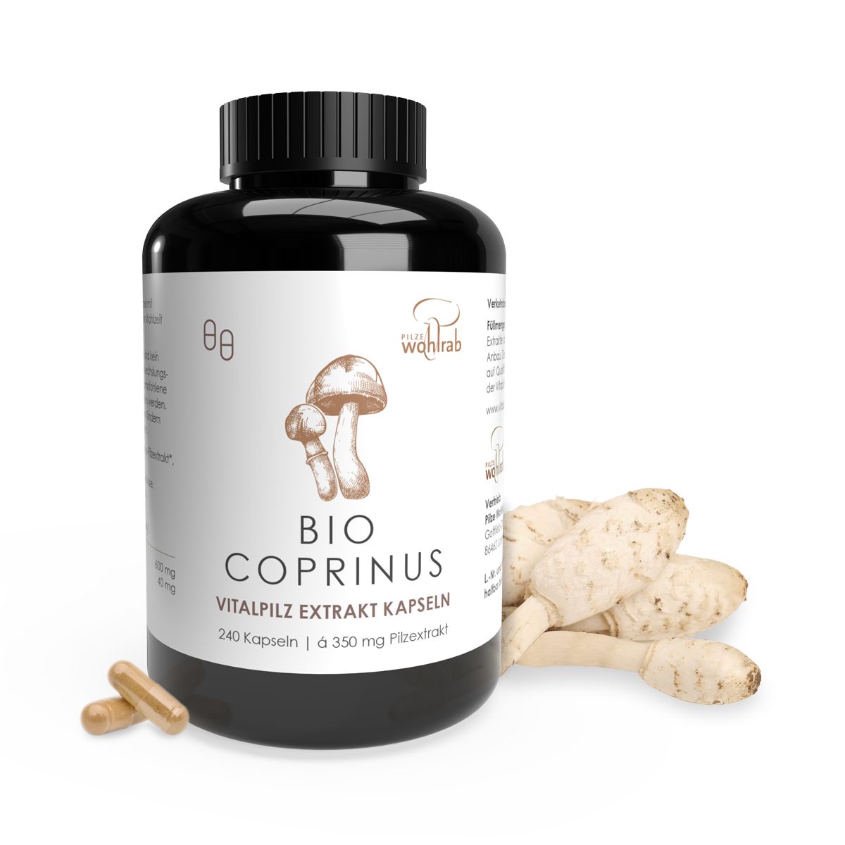 Schwarze Dose mit BIO COPRINUS Vitalpilz Extrakt Kapseln, daneben Coprinus Pilze und Kapseln.