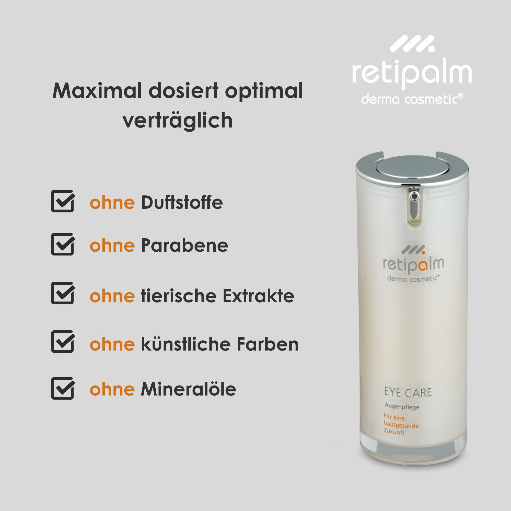 Retipalm Eye Care Spender mit Anwendungshinweisen und Frau.
