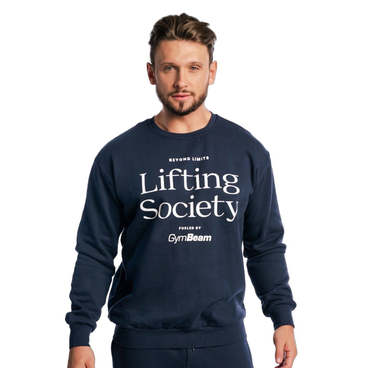 Dunkelblauer Herren Pullover mit "Lifting Society" Aufdruck und GymBeam Logo.