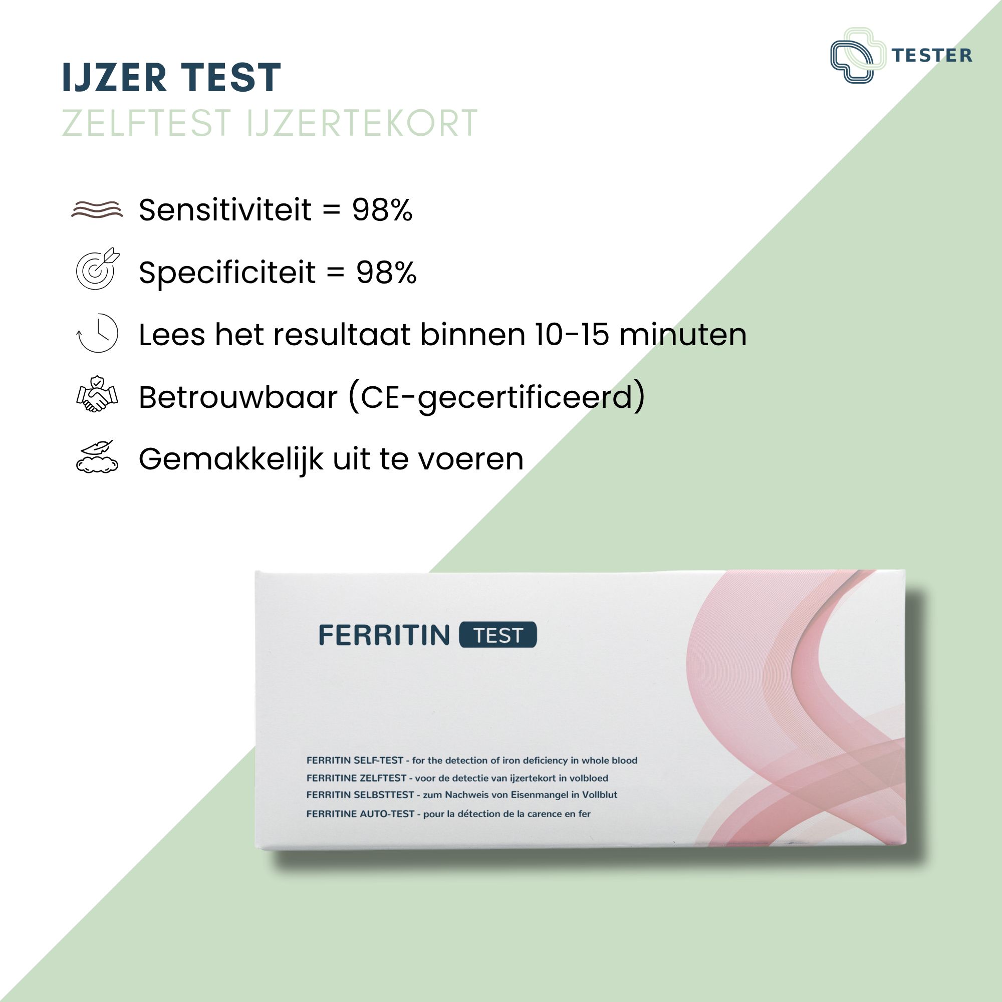 Infografik mit Informationen zum Ferritin-Test. Enthält Angaben zu Sensitivität, Spezifität, Testergebnis und CE-Zertifizierung. Box mit Aufschrift FERRITIN TEST.