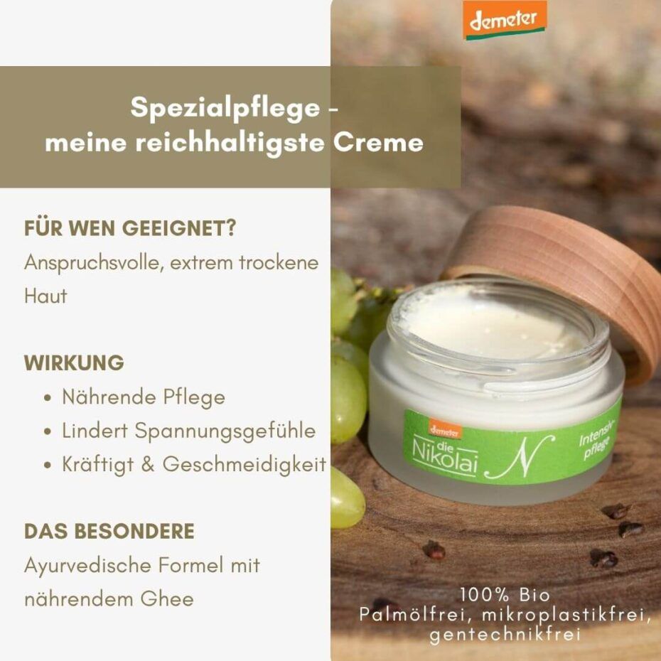 Creme im Glas mit Holzdeckel. Aufschrift: Die Nikolai, Intensivpflege. Demeter-Logo. Text: 100% Bio, palmölfrei, mikroplastikfrei, gentechnikfrei.