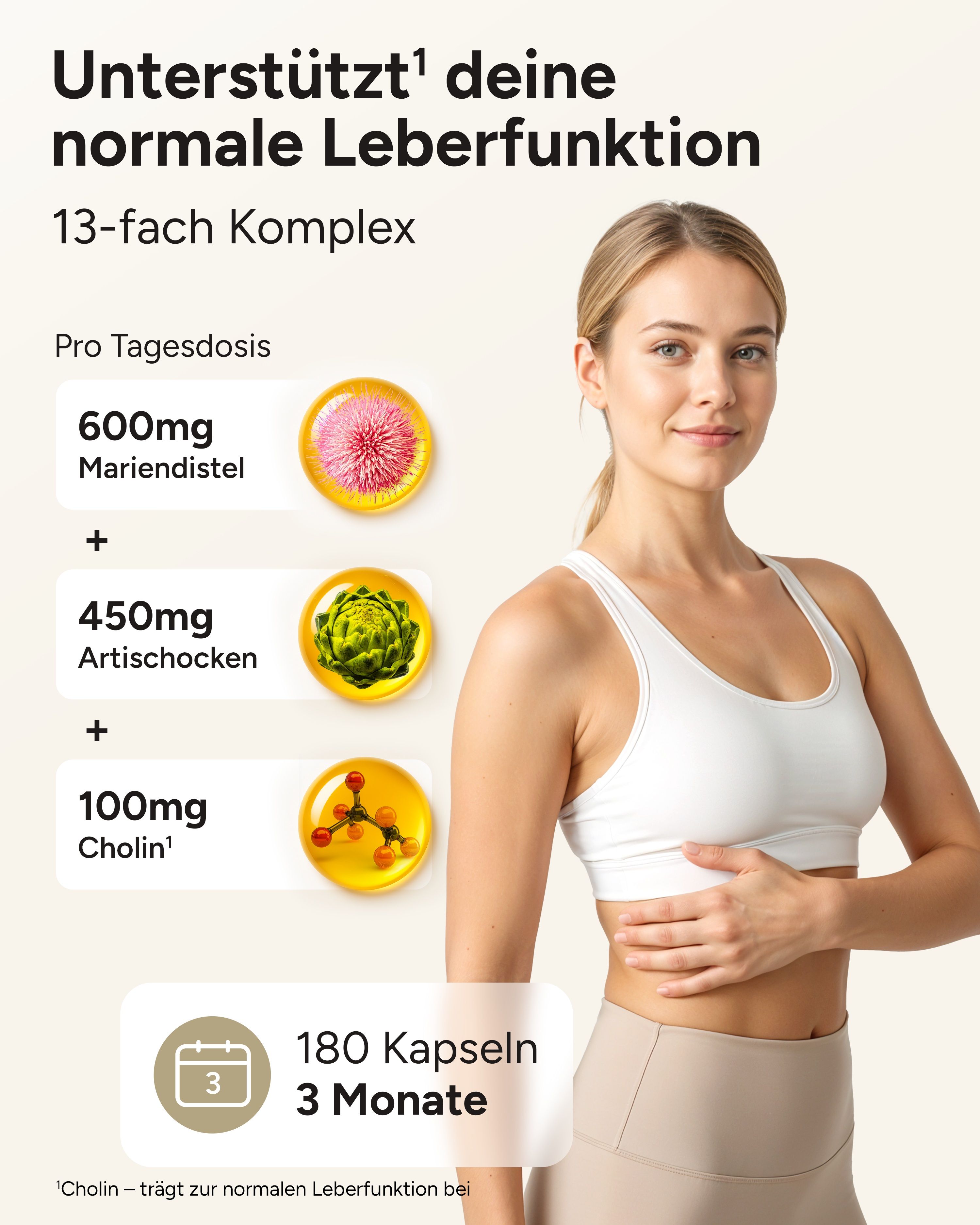 Frau mit Produktabbildungen. Mariendistel, Artischocken, Cholin. Text: 180 Kapseln, 3 Monate.