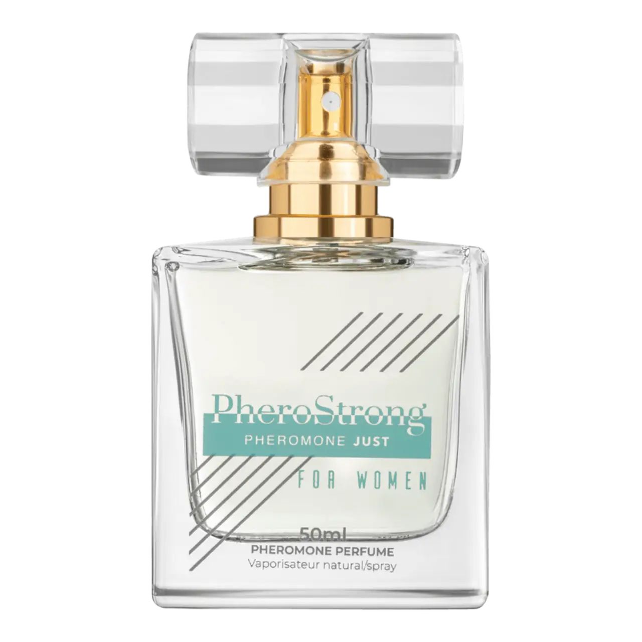 Quadratischer Glasflakon mit goldfarbenem Sprühkopf. Aufschrift: PheroStrong, Pheromone Just, For Women. 50ml.
