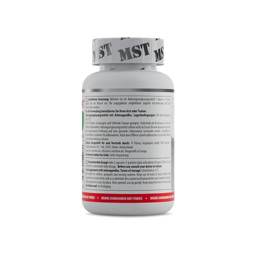 Rückseite einer weißen Flasche mit MST-Logo und Ashwagandha-Aufschrift. Enthält Dosierungsempfehlungen und Warnhinweise.