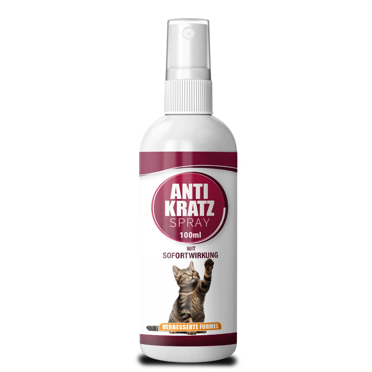Weiße Sprühflasche mit Etikett. Aufschrift: Anti Kratz Spray, 100ml. Abbildung einer Katze. Mit Sofortwirkung.