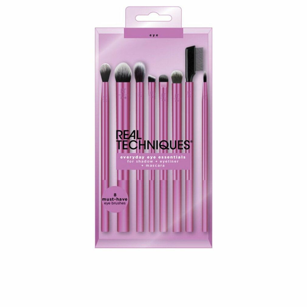 Set mit 8 Augenpinseln in Verpackung. Marke REAL TECHNIQUES. Text: everyday eye essentials.