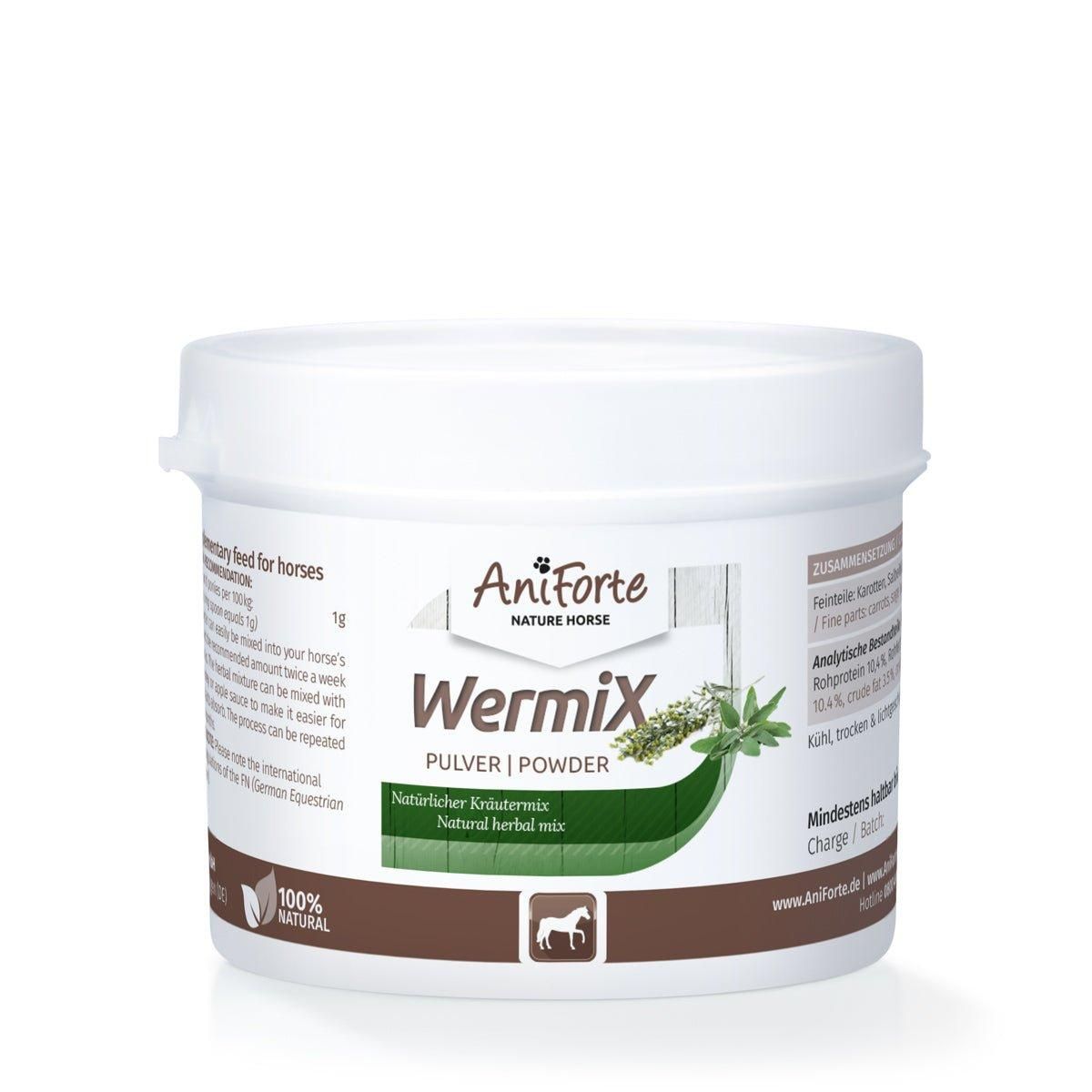 Weißer Behälter mit Produktetikett. Aufschrift WermiX, Logo und Kräuter. Natürliche Kräutermischung.