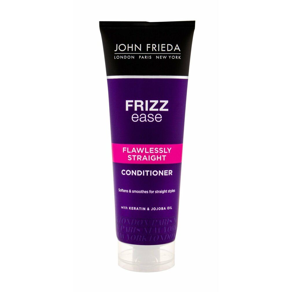 Conditioner-Tube mit John Frieda-Logo. Lila-farbenes Design mit Schriftzug Frizz Ease, Flawlessly Straight und Conditioner.
