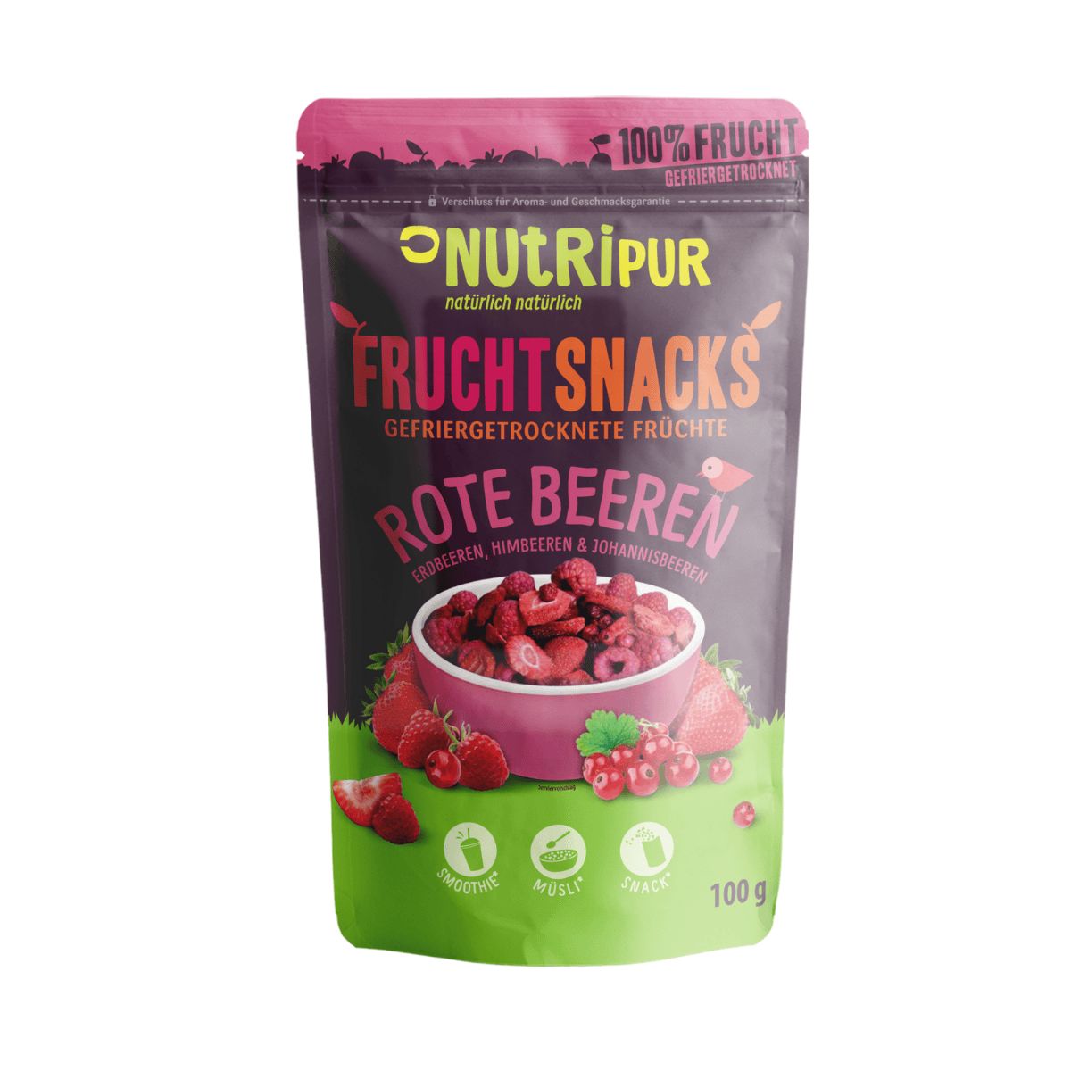 Beutel mit gefriergetrockneten Früchten. Aufschrift: Frucht Snacks, Rote Beeren. Erdbeeren, Himbeeren & Johannisbeeren. 100g.