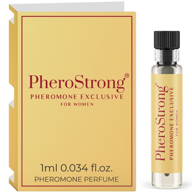 PheroStrong Pheromon Parfüm Exclusive für Damen, 1ml. Enthält eine Duftprobe und eine kleine Parfümflasche.