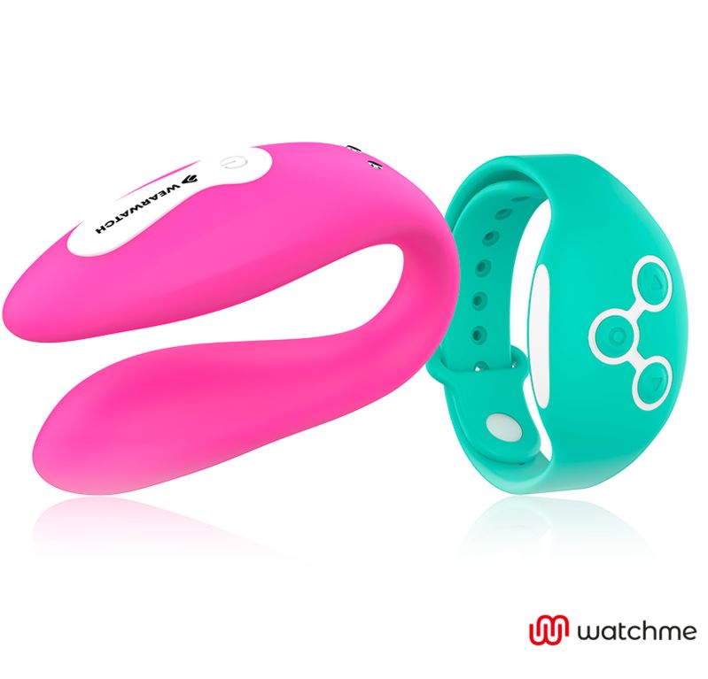 Pinker Wearwatch Dual-Technologie-Vibrator neben einem türkisfarbenen Armband.
