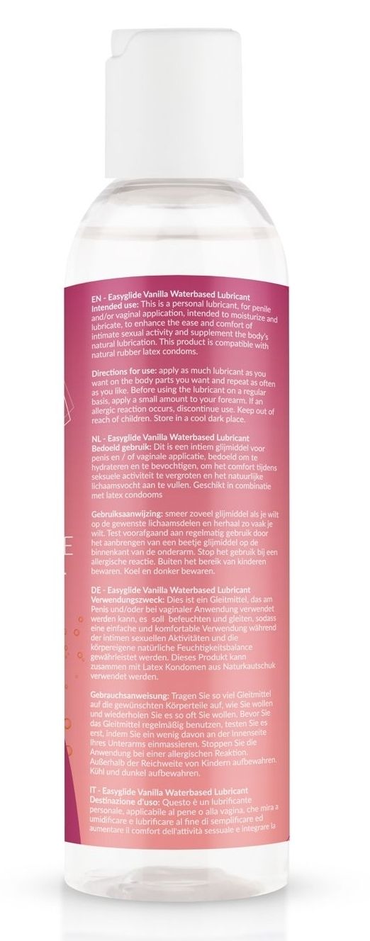Rückseite der Flasche. Rosa Etikett mit Text in mehreren Sprachen. Vegan-Siegel. Informationen zur Anwendung.