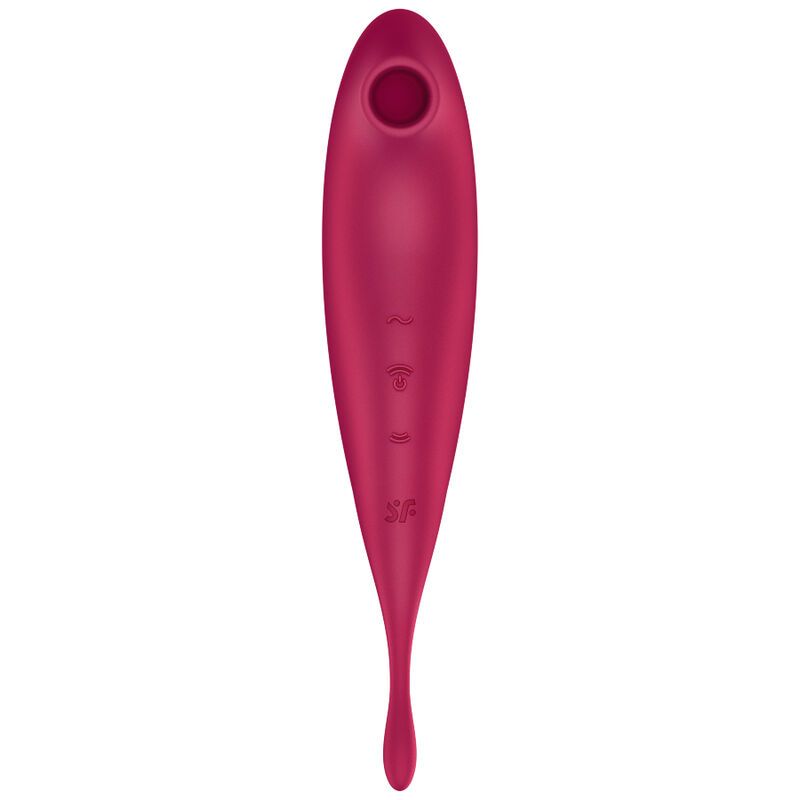 Roter Stimulator mit gebogener Form, Öffnung, App-Nutzung und CES Innovation Award 2021 Siegel.
