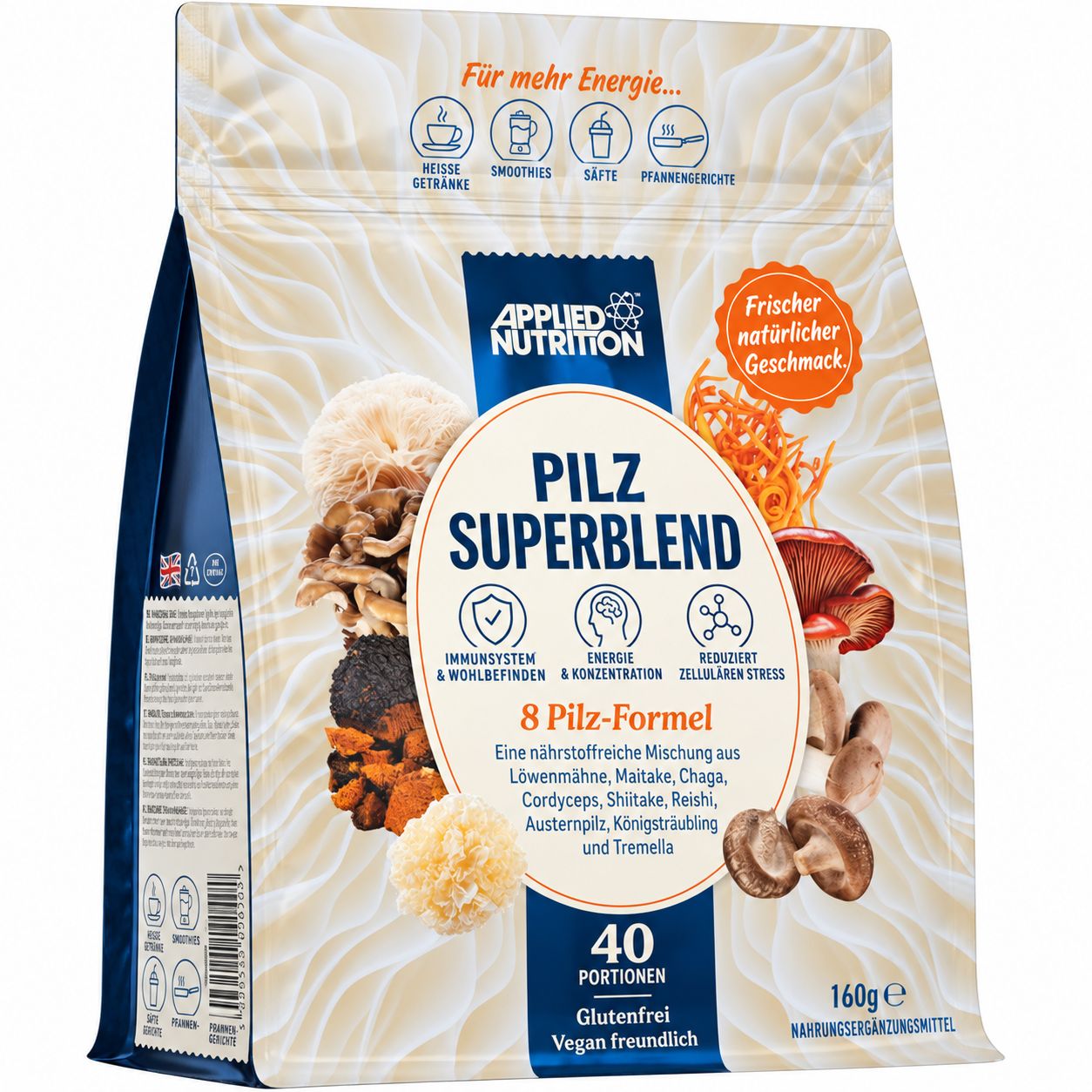 Verpackung mit Pilzpulver 'Mushroom Superblend'. Enthält 8 Pilzarten. 160g.