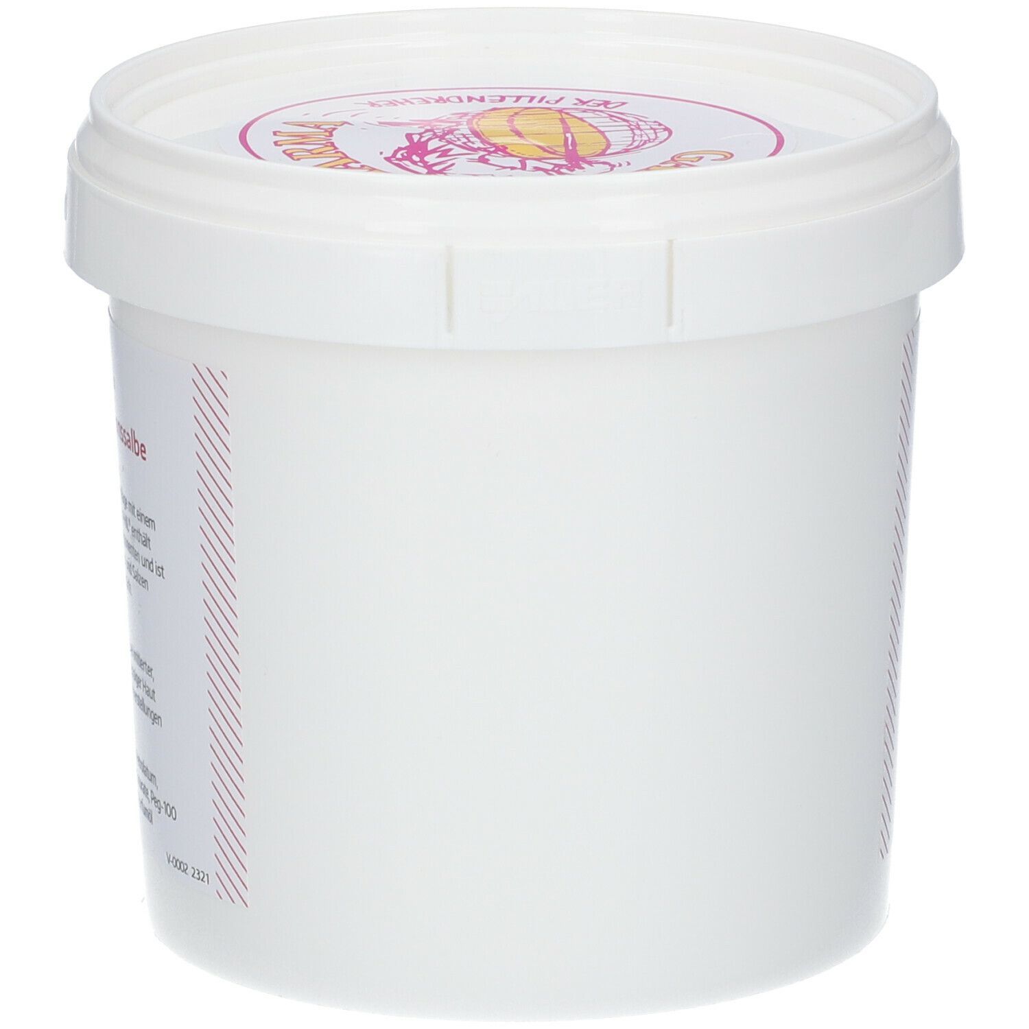 Weißer Tiegel mit Deckel. Seitenansicht. Aufdruck auf dem Deckel. Keine weiteren Details.