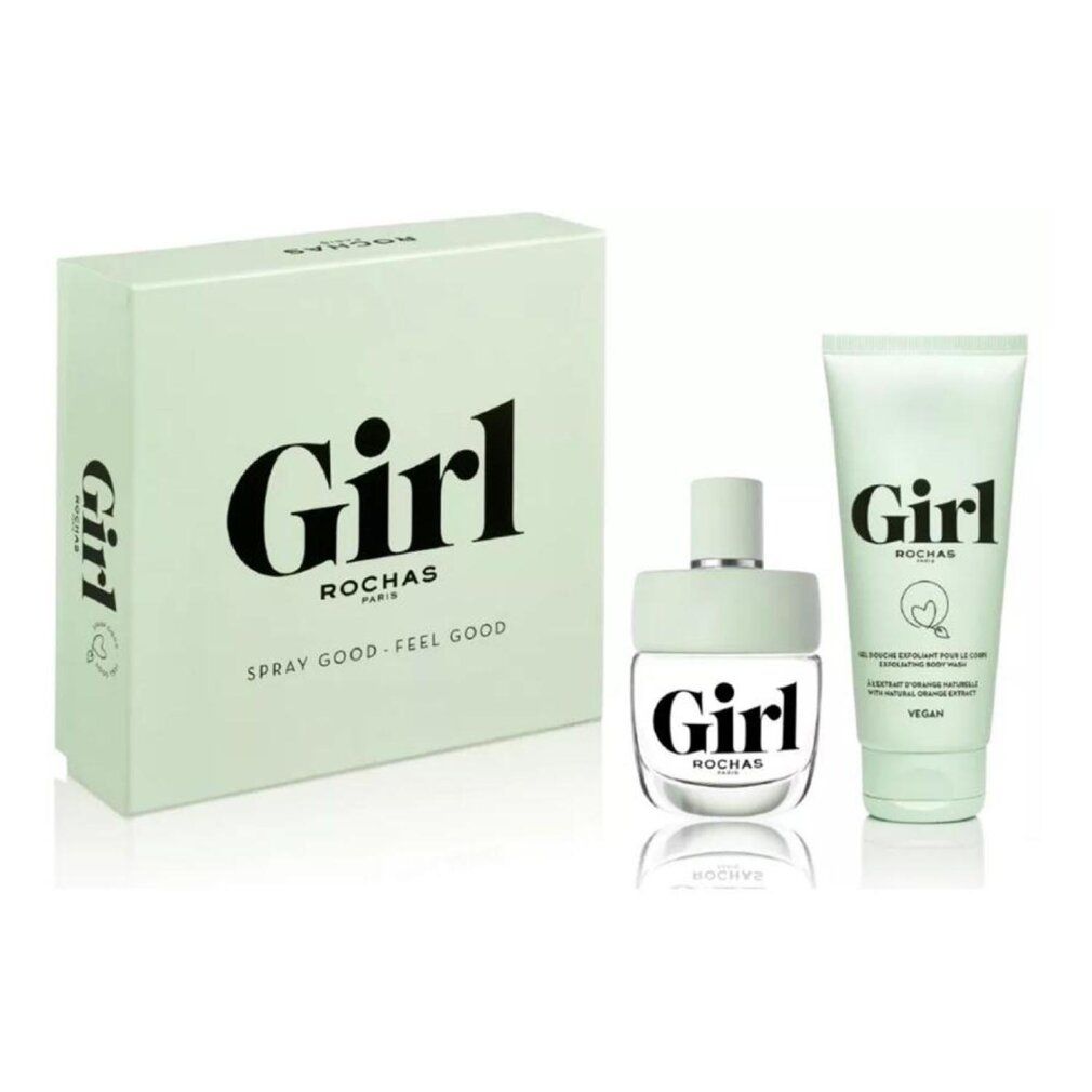 Geschenkset mit hellgrüner Box, Flakon und Tube. Auf der Box steht "Girl Rochas". Flakon und Tube tragen ebenfalls "Girl".
