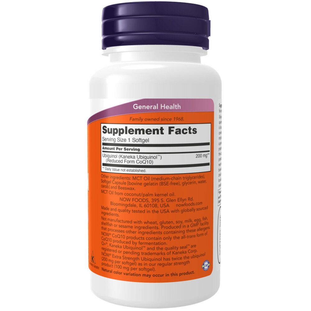Nahrungsergänzungsmittel-Flasche mit lila Deckel. Aufschrift: Ubiquinol, 200 mg. Enthält 60 Softgels. Orangefarbenes Etikett mit weißen Buchstaben.
