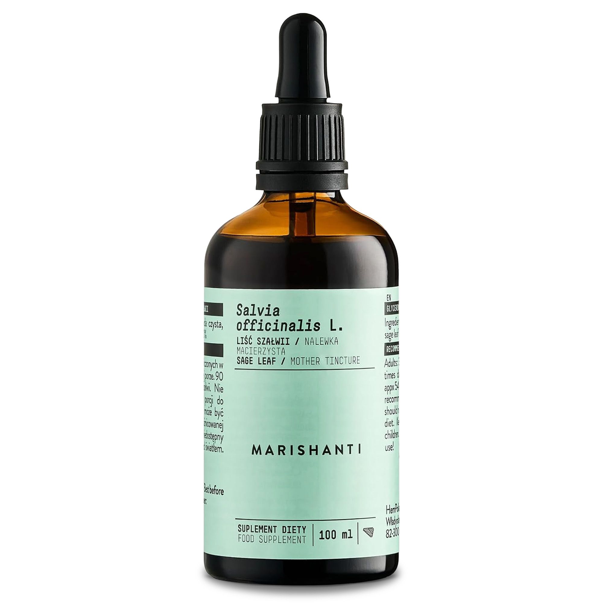 Braune Glasflasche mit Pipette, gefüllt mit Salbei-Tinktur. Etikett mit Produktinformationen und 100 ml Angabe.