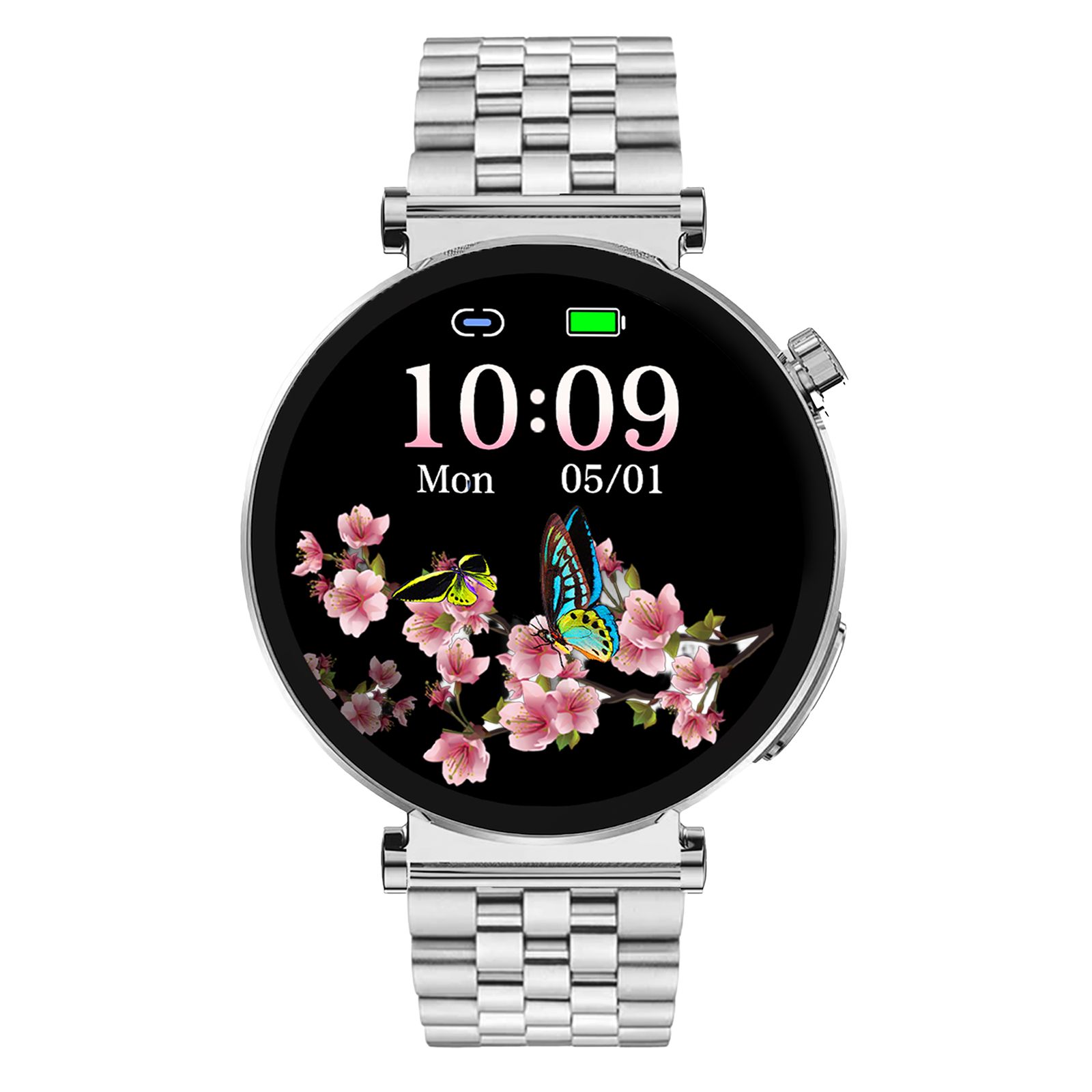 Silberne Smartwatch mit Metallarmband. Das Display zeigt Uhrzeit, Datum, Batteriestatus und eine Schmetterlingsgrafik.