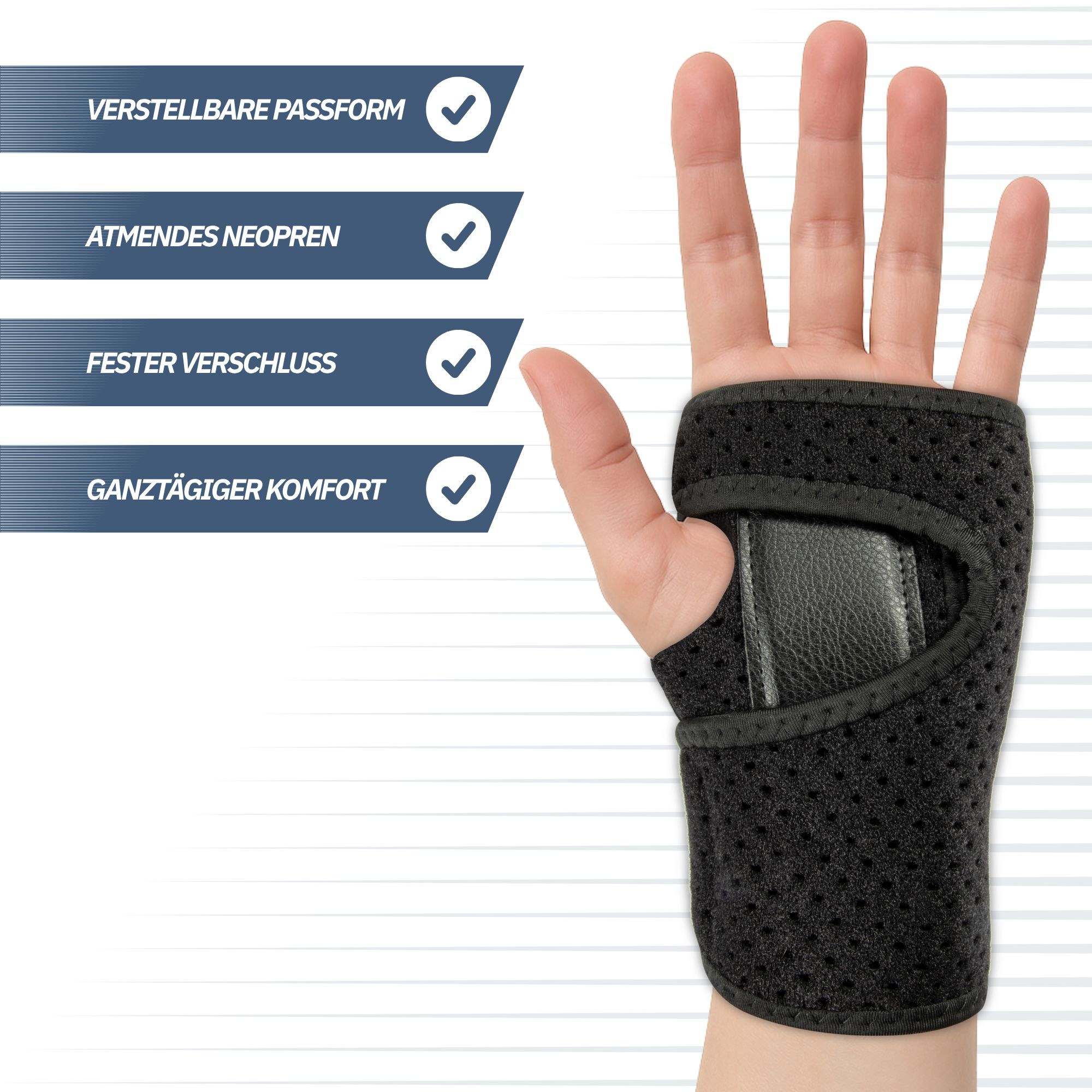 Handgelenkbandage aus atmungsaktivem Neopren mit verstellbarem Klettverschluss.