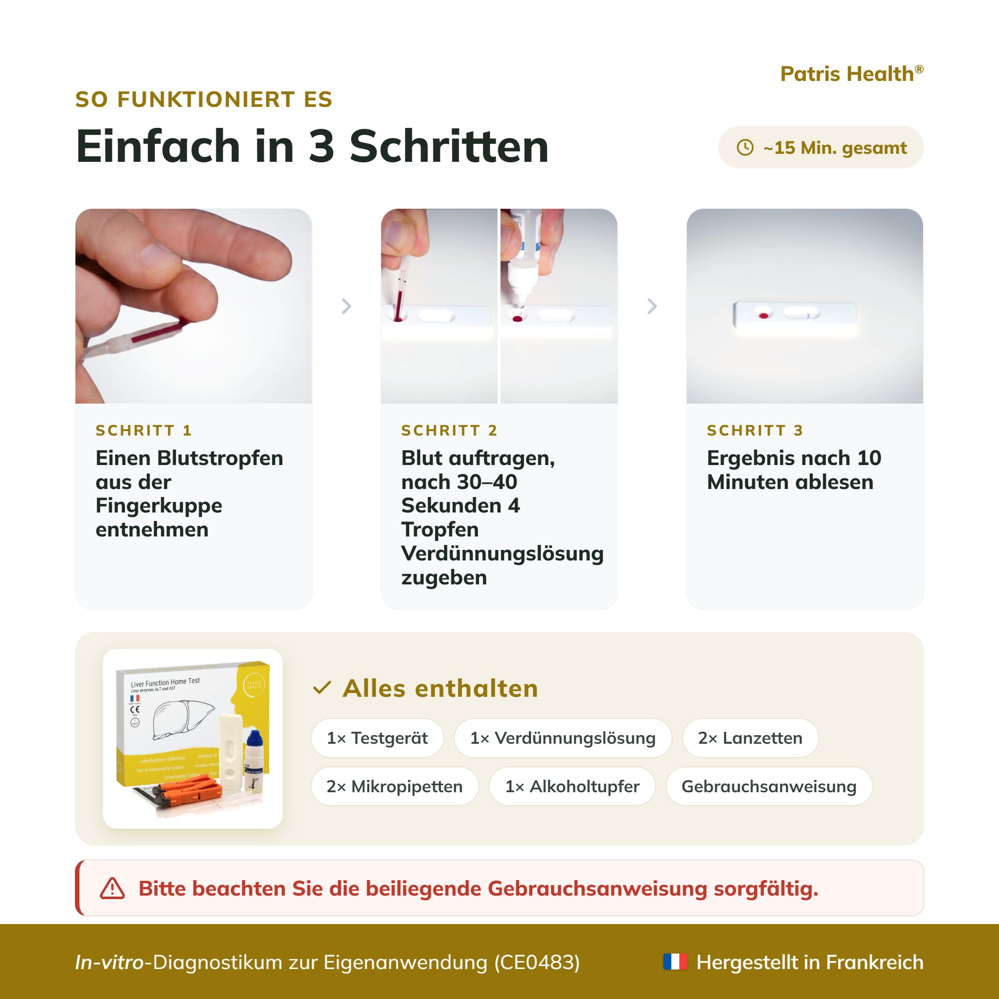 Drei Schritte zur Anwendung des Patris Health Leberfunktionstests: Blutentnahme, Anwendung, Ablesen.