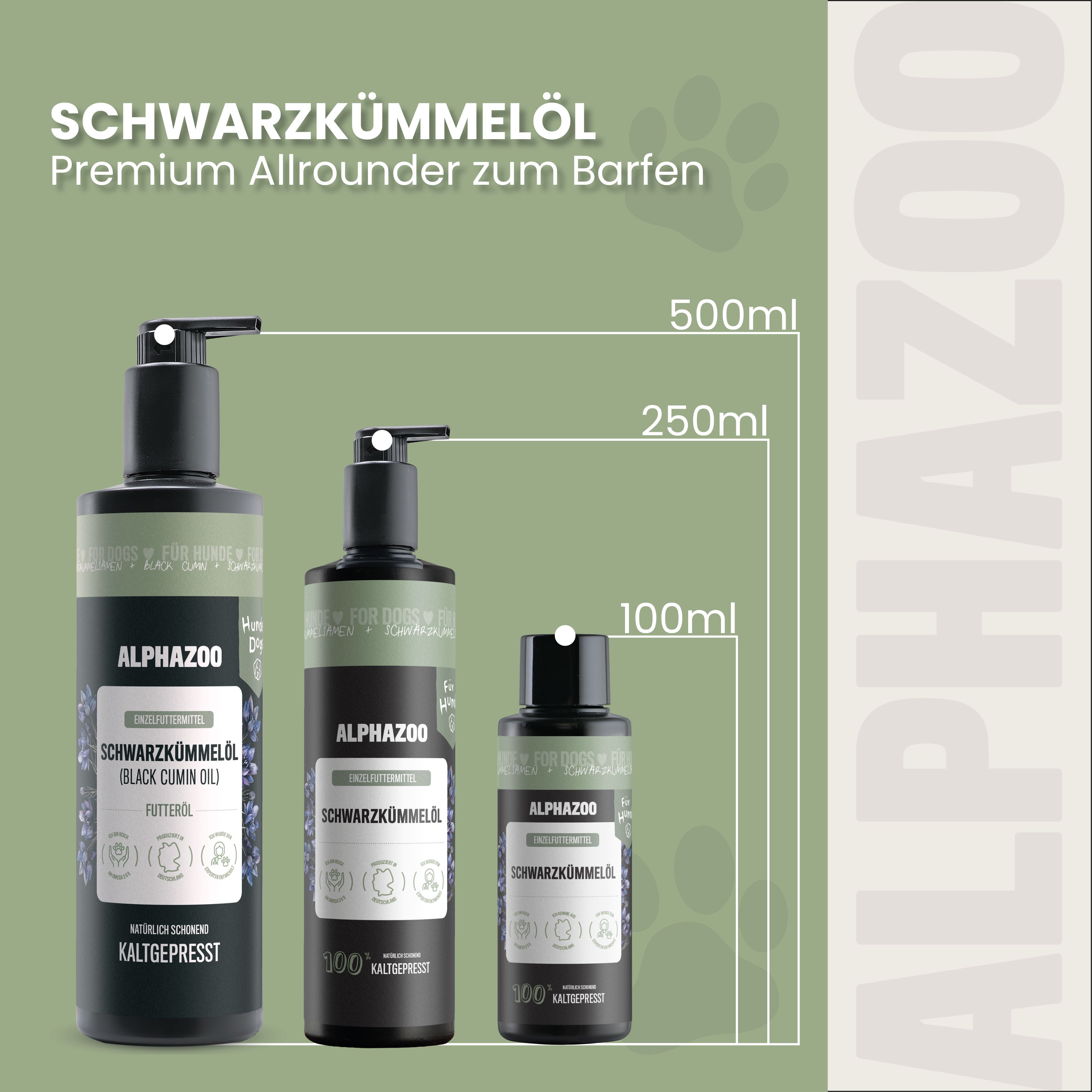 Drei Flaschen Schwarzkümmelöl. Größen: 500ml, 250ml, 100ml. Marke: alphazoo. Text: Premium Allrounder zum Barfen. Kaltgepresst.