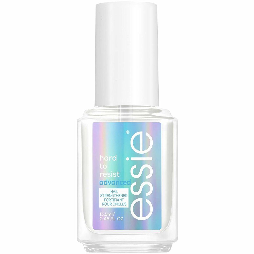 Essie Hard to Resist Nagelhärter. Klare Flasche mit weißem Deckel. Etikett mit Produktnamen und Volumenangabe.