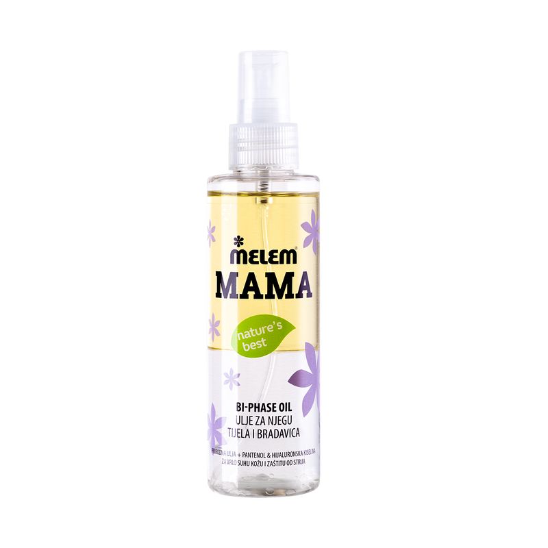 MELEM Mama Bi-Phase Oil in einer Sprühflasche mit lila Blumen.