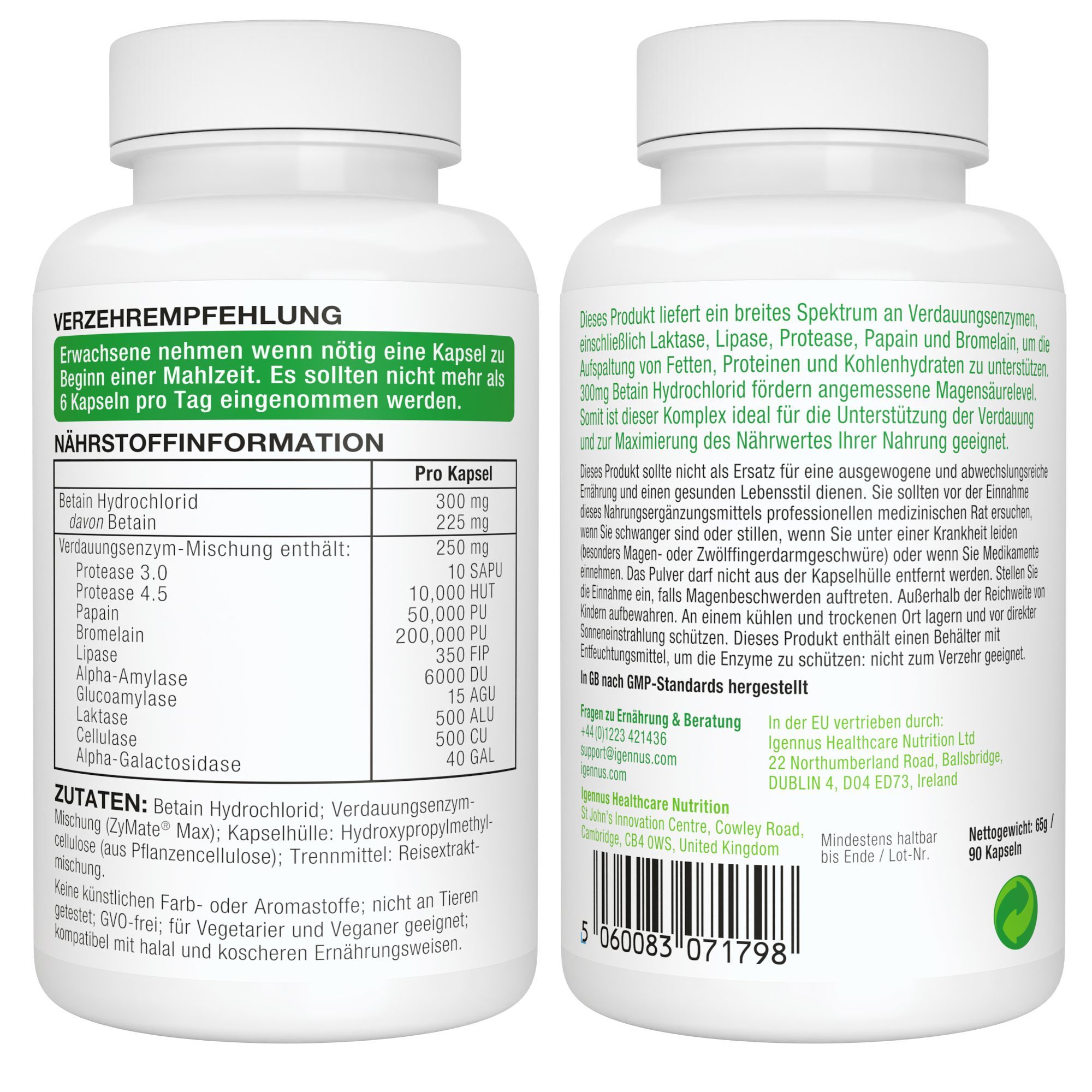 Rückseite der Igennus Verdauungsenzyme & Betain HCl Kapseln. Enthält Nährwertangaben und Inhaltsstoffe.
