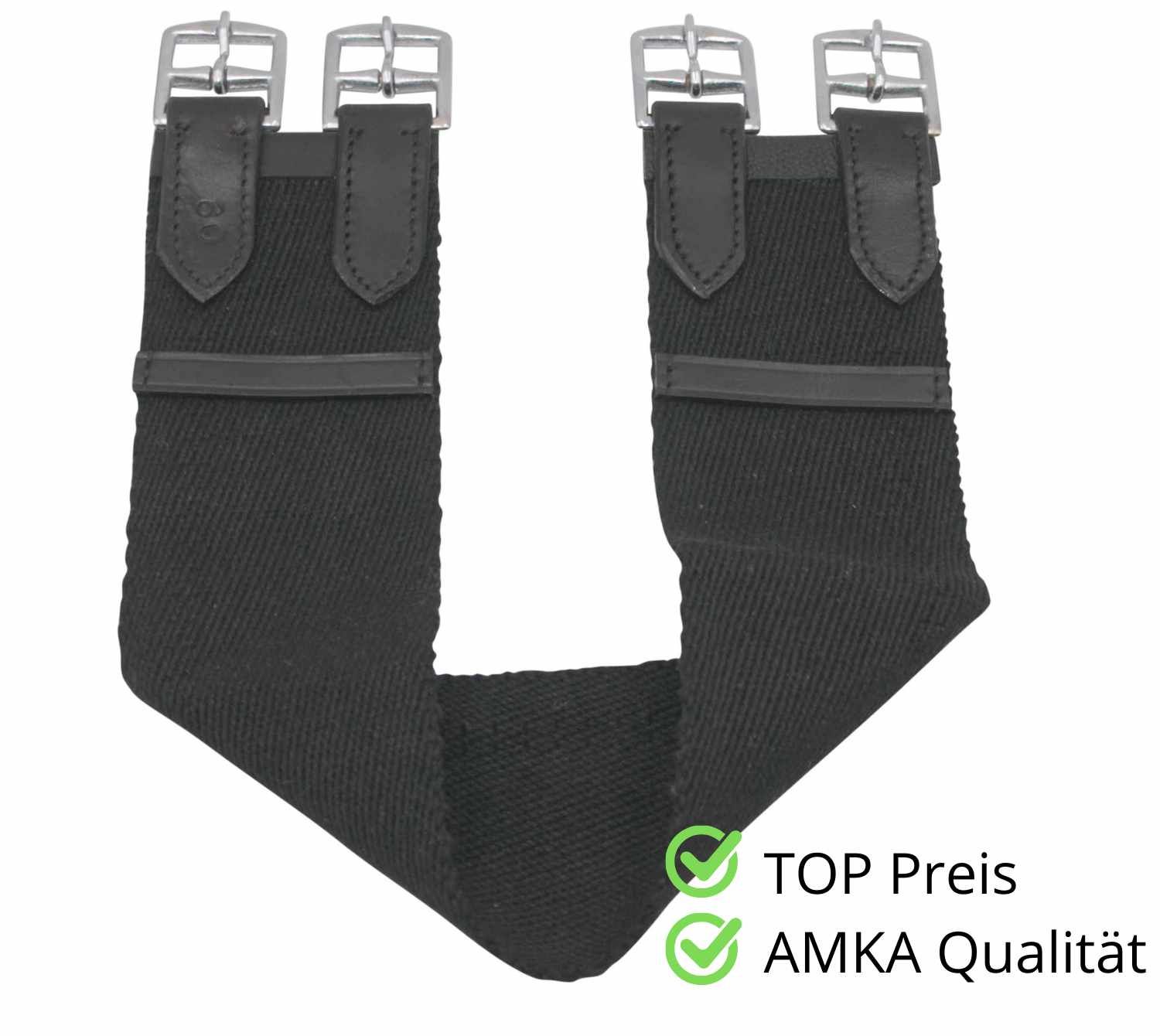 Schwarzer Sattelgurt mit silberfarbenen Schnallen. Text: TOP Preis, AMKA Qualität.