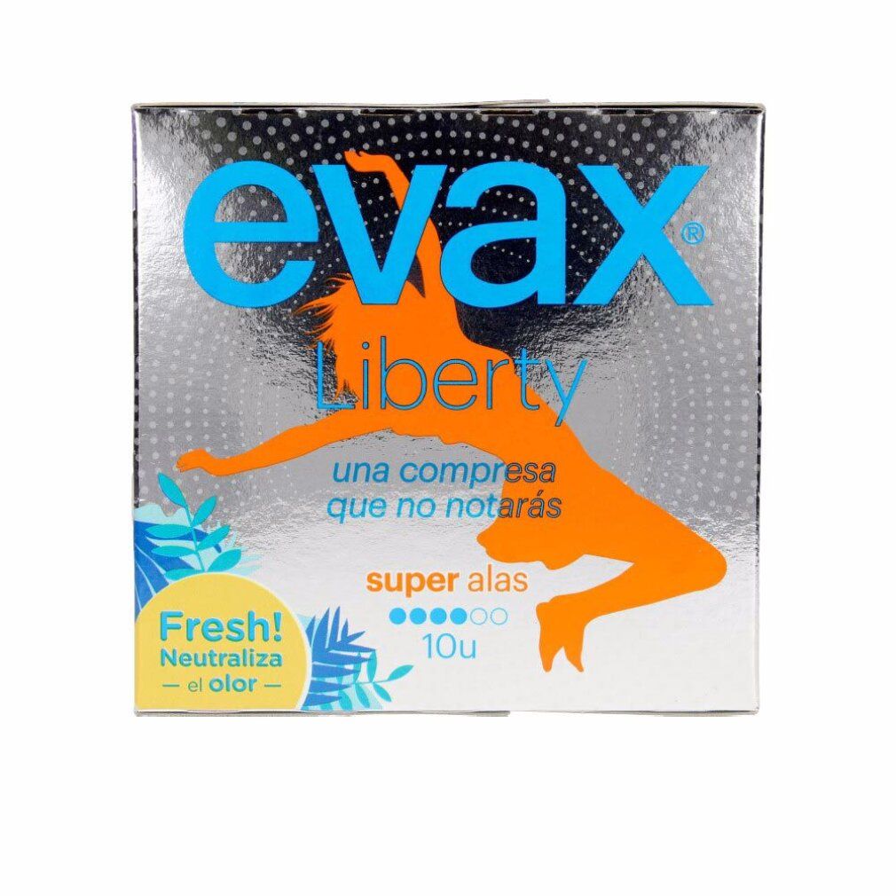 Verpackung von Evax Liberty Super Damenbinden. Silberne Schachtel mit blauem Schriftzug und orangefarbener Figur. Enthält 10 Stück.